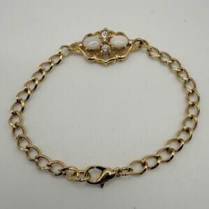 Lind 14kt Gold Plated Bracelet Pearl Rhinestone 6.5”